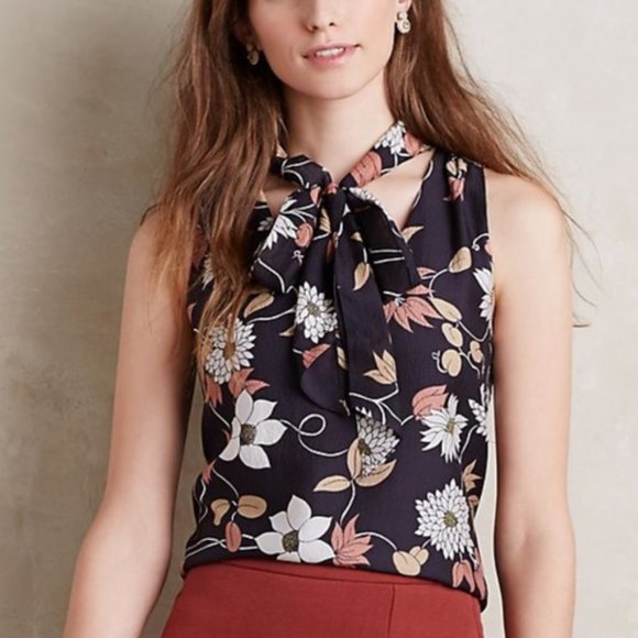 Anthropologie Maeve 100% Silk Floral Neck Tie Top